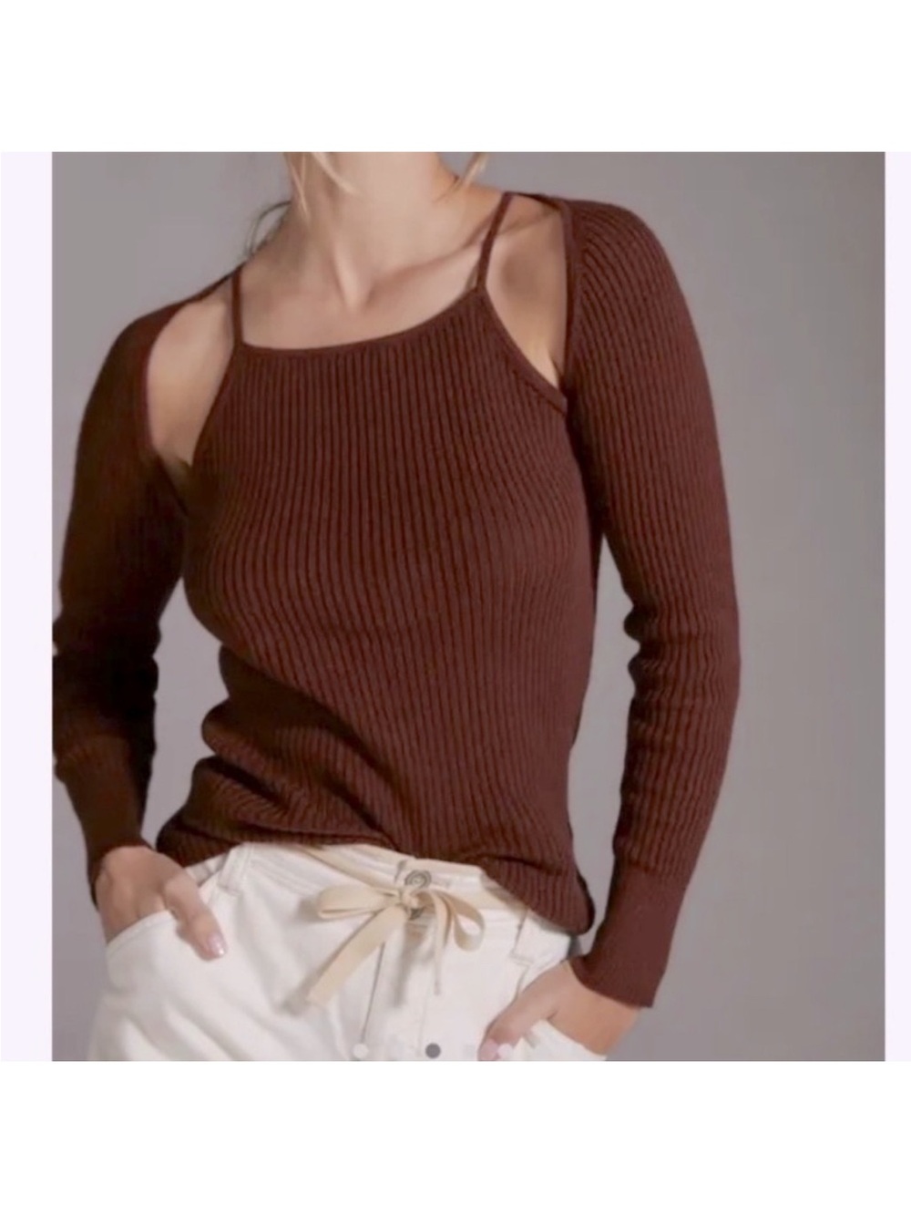 Anthropologie brown ribbed cut-out sweater with shrug long sleeves NEW Size XL
